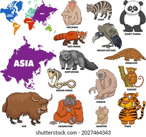 Educational cartoon illustration of Asian animal species set and world map with continents shapes svg