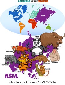 Educational Cartoon Illustration of Asian Animals and World Map with Continents svg