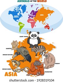 Educational cartoon illustration of Asian animals and world map with continents