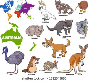 Educational Cartoon Illustration of Australian Animals Set and World Map with Continents Shapes