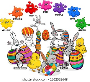 Educational Cartoon Illustration of Basic Colors with Easter Bunnies and Chicks Characters Group