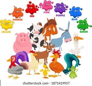 Educational cartoon illustration of basic colors for children with farm animals funny characters group