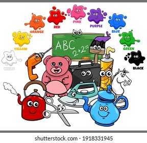 Educational cartoon illustration of basic colors for children with objects comic characters group