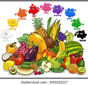 Educational cartoon illustration of basic colors for children with vegetables and fruits food objects group