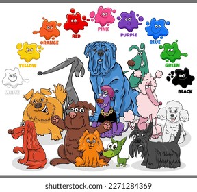 Educational cartoon illustration of basic colors with colorful dogs animal characters group