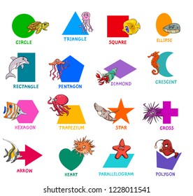 Educational Cartoon Illustration of Basic Geometric Shapes with Captions and Sea Life Animal Characters for Children
