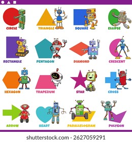Ilustração de desenhos animados educativos de formas geométricas básicas com legendas e personagens robôs para crianças em idade pré-escolar e elementar