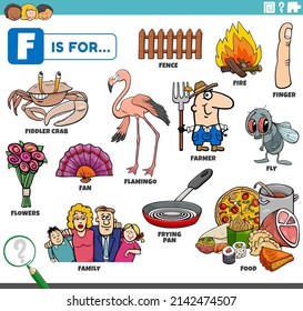 educational cartoon illustration for children with comic characters and objects set for letter F