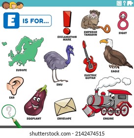 educational cartoon illustration for children with comic characters and objects set for letter E