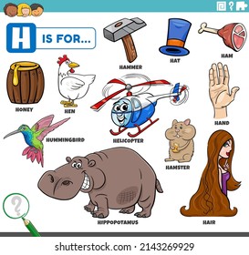 educational cartoon illustration for children with comic characters and objects set for letter H