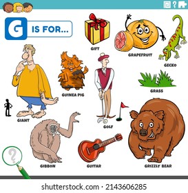 educational cartoon illustration for children with comic characters and objects set for letter G