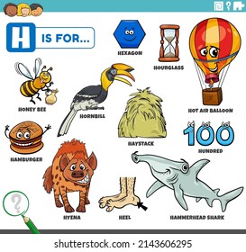educational cartoon illustration for children with comic characters and objects set for letter H