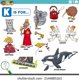 educational cartoon illustration for children with comic characters and objects set for letter K