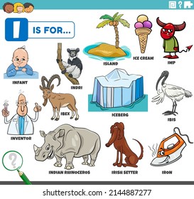 educational cartoon illustration for children with comic characters and objects set for letter I