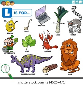 educational cartoon illustration for children with comic characters and objects set for letter L