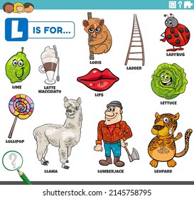 educational cartoon illustration for children with comic characters and objects set for letter L