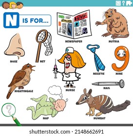 educational cartoon illustration for children with comic characters and objects set for letter N