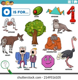educational cartoon illustration for children with comic characters and objects set for letter O