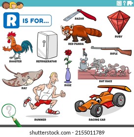 ilustración de caricatura educativa para niños con personajes de historietas y objetos establecidos para la letra R