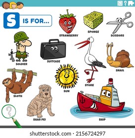 educational cartoon illustration for children with comic characters and objects set for letter S