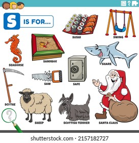 Bildungs-Cartoon-Illustration für Kinder mit Comic-Zeichen und -Objekten für Buchstaben S