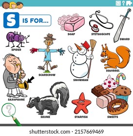 educational cartoon illustration for children with comic characters and objects set for letter S