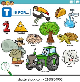 educational cartoon illustration for children with comic characters and objects set for letter T