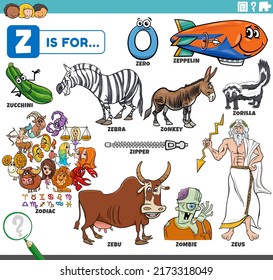 educational cartoon illustration for children with comic characters and objects set for letter Z