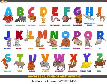 Educational cartoon illustration of colorful complete alphabet set with comic animal characters and captions