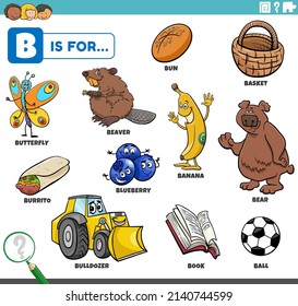 educational cartoon illustration of comic characters and objects starting with letter B set for children