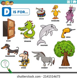 educational cartoon illustration of comic characters and objects starting with letter D set for children