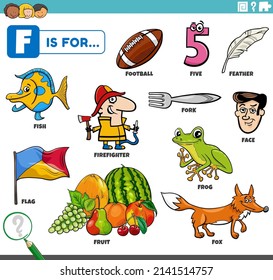 educational cartoon illustration of comic characters and objects starting with letter F set for children