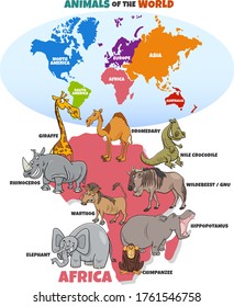 Educational Cartoon Illustration of Funny African Animals and World Map with Continents Shapes