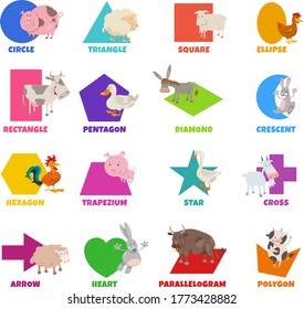 Educational Cartoon Illustration of Geometric Shapes with Captions and Farm Animal Characters for Preschool and Elementary Age Children