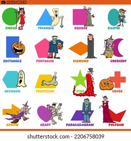Educational cartoon illustration of geometric shapes with captions and funny Halloween characters for preschool and elementary age children