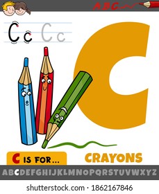 Educational cartoon illustration of letter C from alphabet with crayons characters for children 