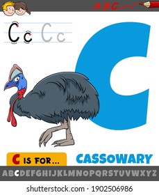 Educational cartoon illustration of letter C from alphabet with cassowary bird animal character for children 