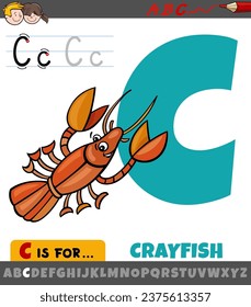 Educational cartoon illustration of letter C from alphabet with crayfish animal character