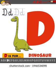 Educational cartoon illustration of letter D from alphabet with dinosaur character for children 