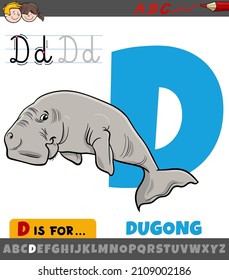 Educational cartoon illustration of letter D from alphabet with dugong animal character