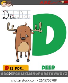 Educational cartoon illustration of letter D from alphabet with deer animal character