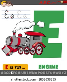Dibujo educativo de la letra E del alfabeto con motor para niños 