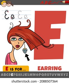 Educational cartoon illustration of letter E from alphabet with earring jewelry object