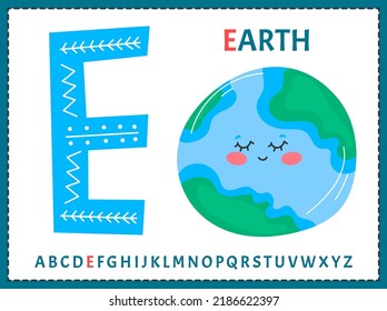 Pädagogische Cartoon-Illustration des Buchstabens E aus dem Alphabet mit dem Charakter des Planeten Erde