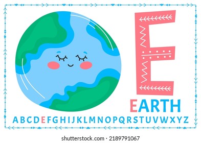 Educational cartoon illustration of letter E from alphabet with Earth planet character