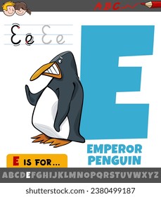 Educational cartoon illustration of letter E from alphabet with emperor penguin animal character