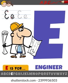 Dibujo educativo de la letra E del alfabeto con carácter ingeniero