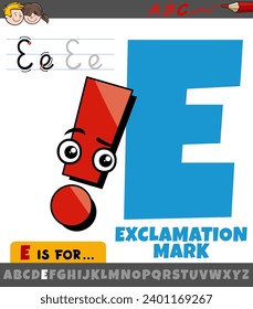 Educational cartoon illustration of letter E from alphabet with exclamation mark character