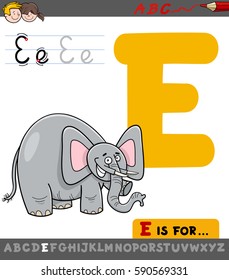 Educational Cartoon Illustration of Letter E from Alphabet with Elephant Animal Character for Children 
