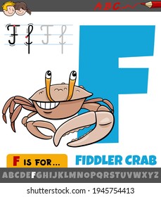Educational cartoon illustration of letter F from alphabet with fiddler crab animal character